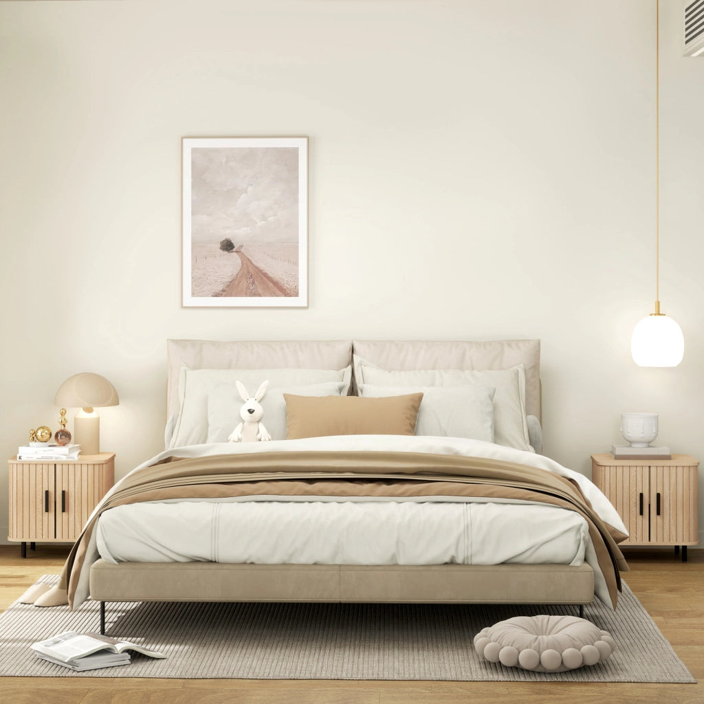 Set 2 Comodini in stile Nordico con Ripiano a 2 Livelli, in Legno e Acciaio, 48x40x48 cm, Nero e Rovere