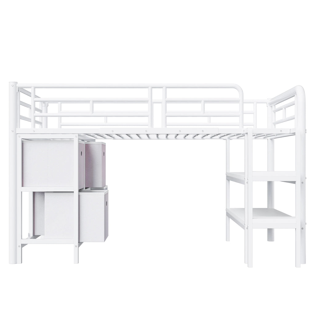 DESMIU Letto a soppalco basso per bambini 1 posto con scala larga, cassetti e ripiani, 90 × 200 cm, senza materasso