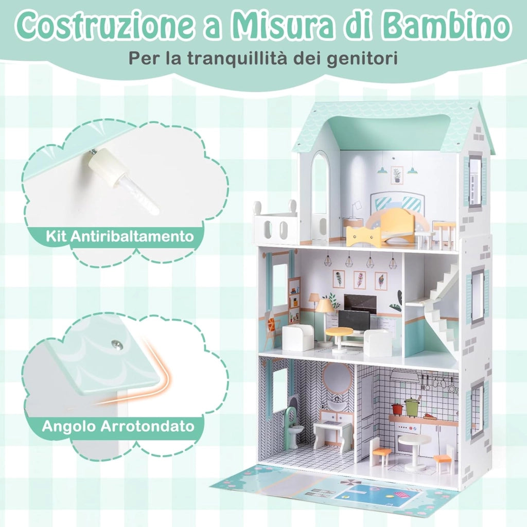 Casa delle Bambole a 3 Piani in Legno, Casa Barbie con Scale e 17 Pezzi di Mobili Completi, Villa da Principessa Fai-da-Te Giocattolo per Bambini 3+ Anni, 74,5 x 63 x 120,5 cm (Verde)