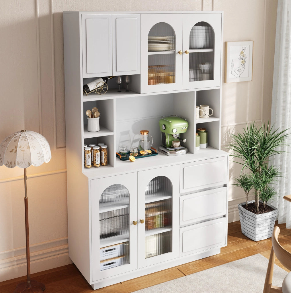Credenza alta da cucina 106x30x175 cm in MDF bianco con LED e vani