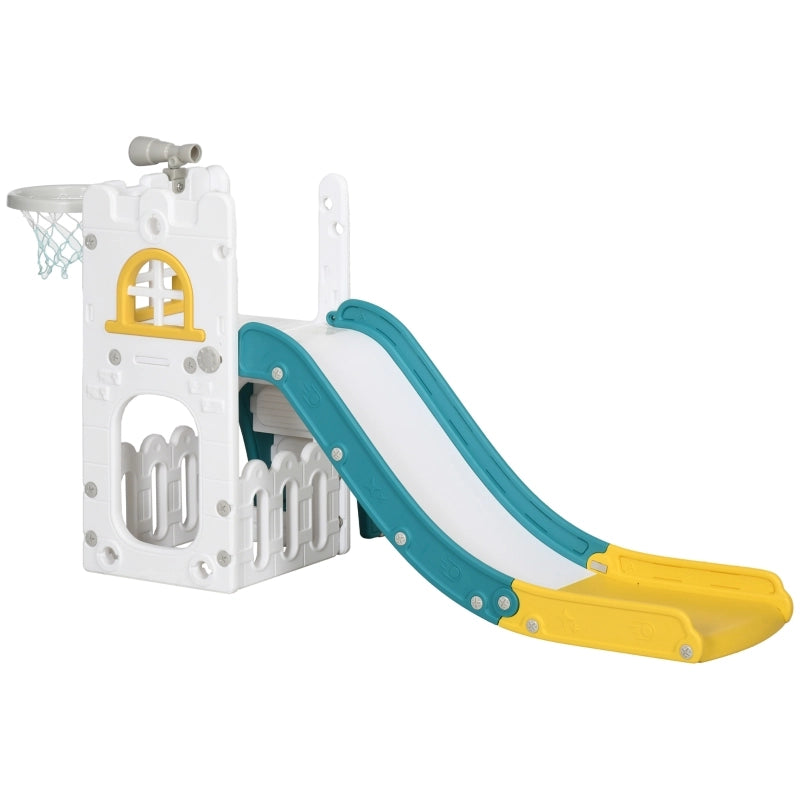 Scivolo per bambini 4 in 1 con canestro, telescopio e struttura da arrampicata, giallo, 70 x 177 x 92 cm