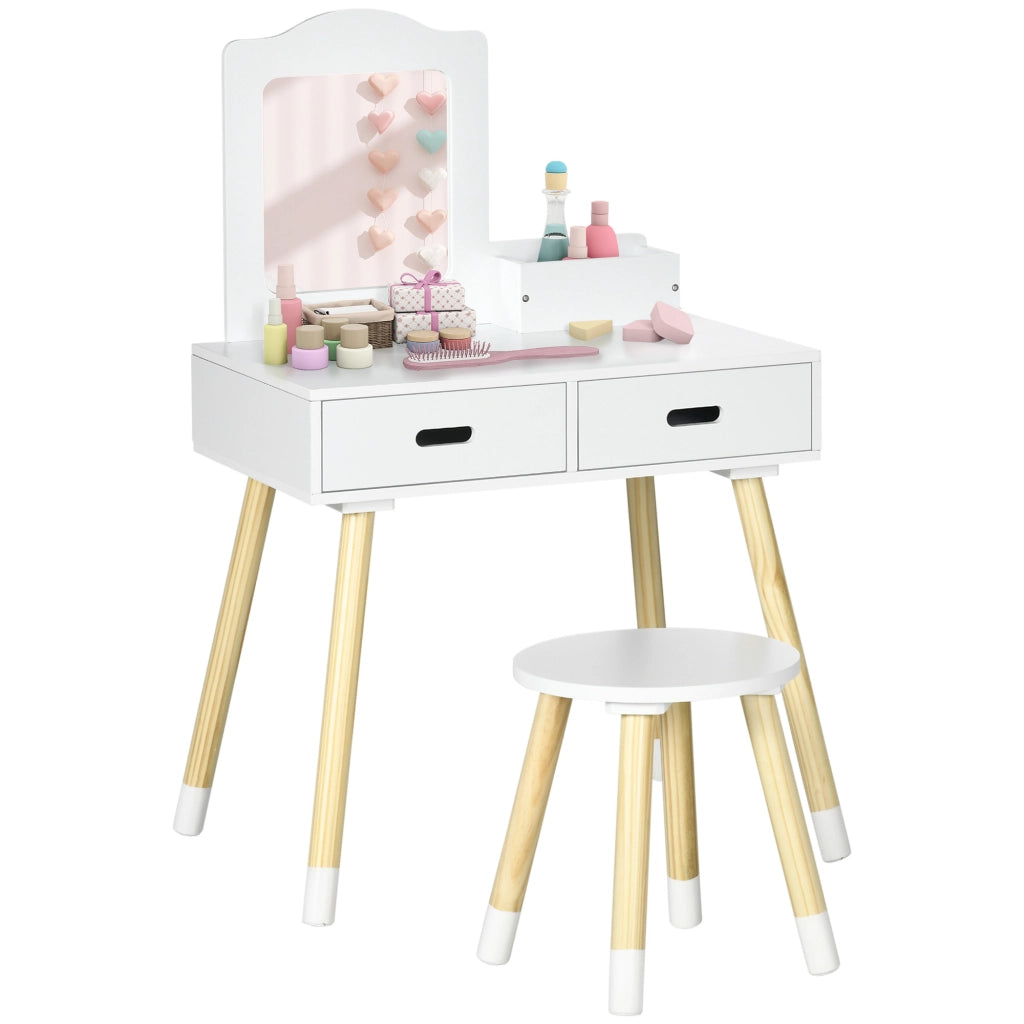 Set Toeletta per Bambini con Tavolo Trucco e Sgabello, Specchio e 2 Cassetti, Bianco e Colore Legno