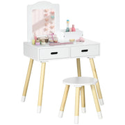 Set Toeletta per Bambini con Tavolo Trucco e Sgabello, Specchio e 2 Cassetti, Bianco e Colore Legno