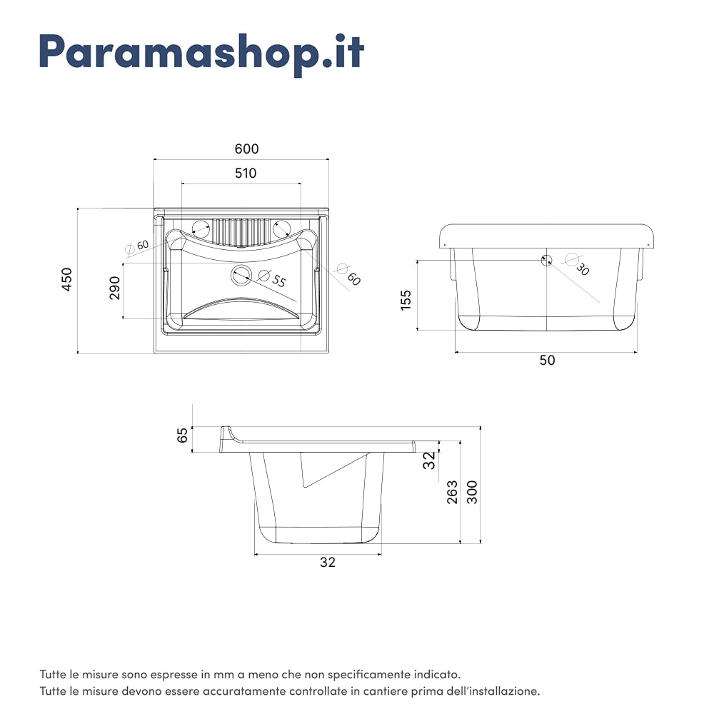 Mobile lavatoio per interni 60x45 cm bianco -vasca e asse in PP, sifone e troppopieno | Pratika