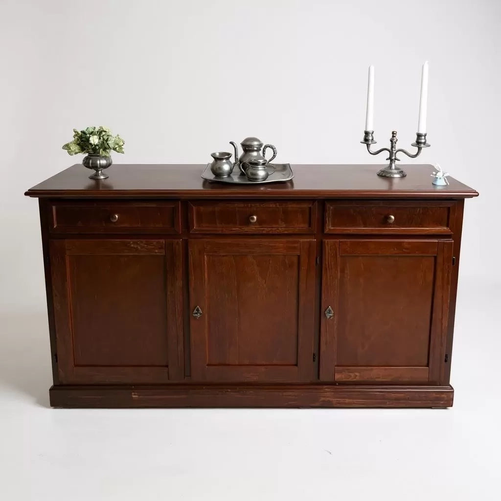 Madia credenza arte povera in legno 3 porte tinta noce 156x42x85 (382) - Mobili 2G