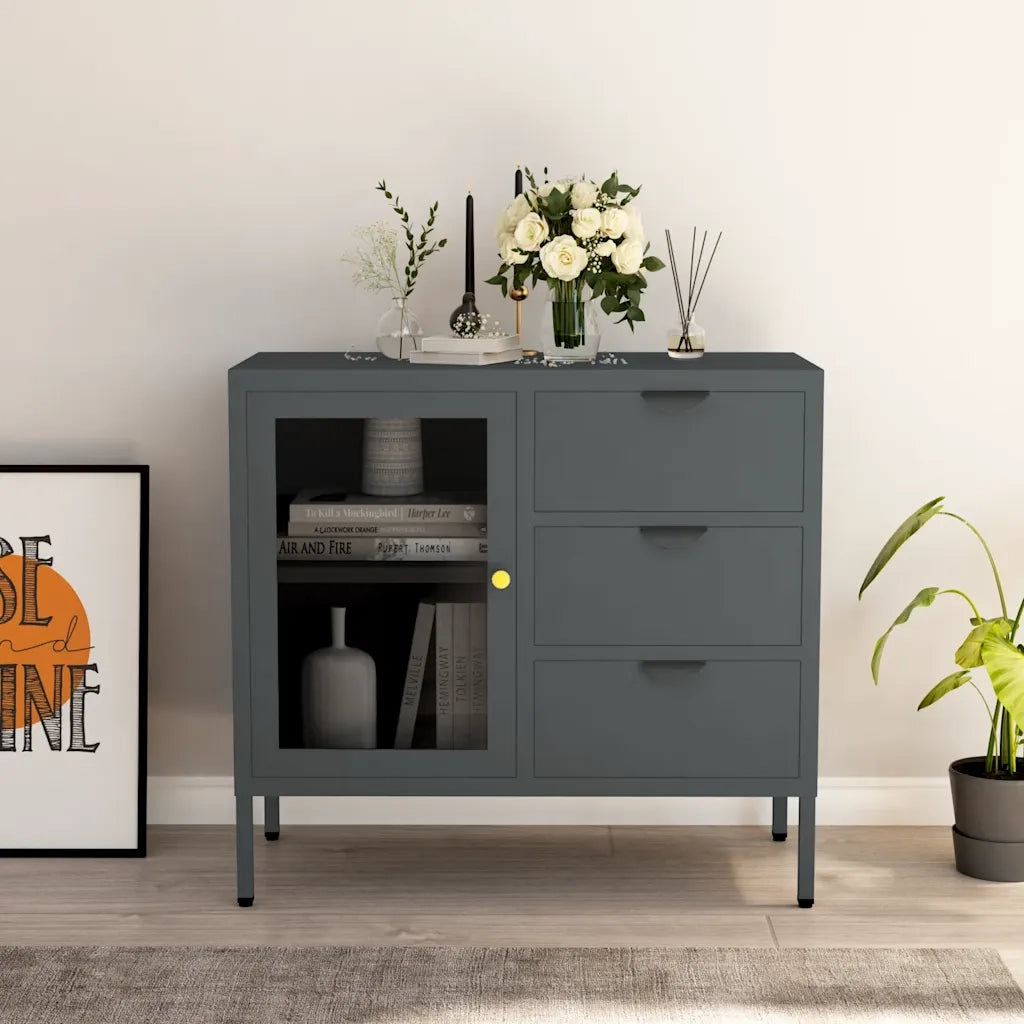 Credenza-Buffet-Armadio da cucina Antracite 75x35x70 cm in Acciaio e Vetro Temperato