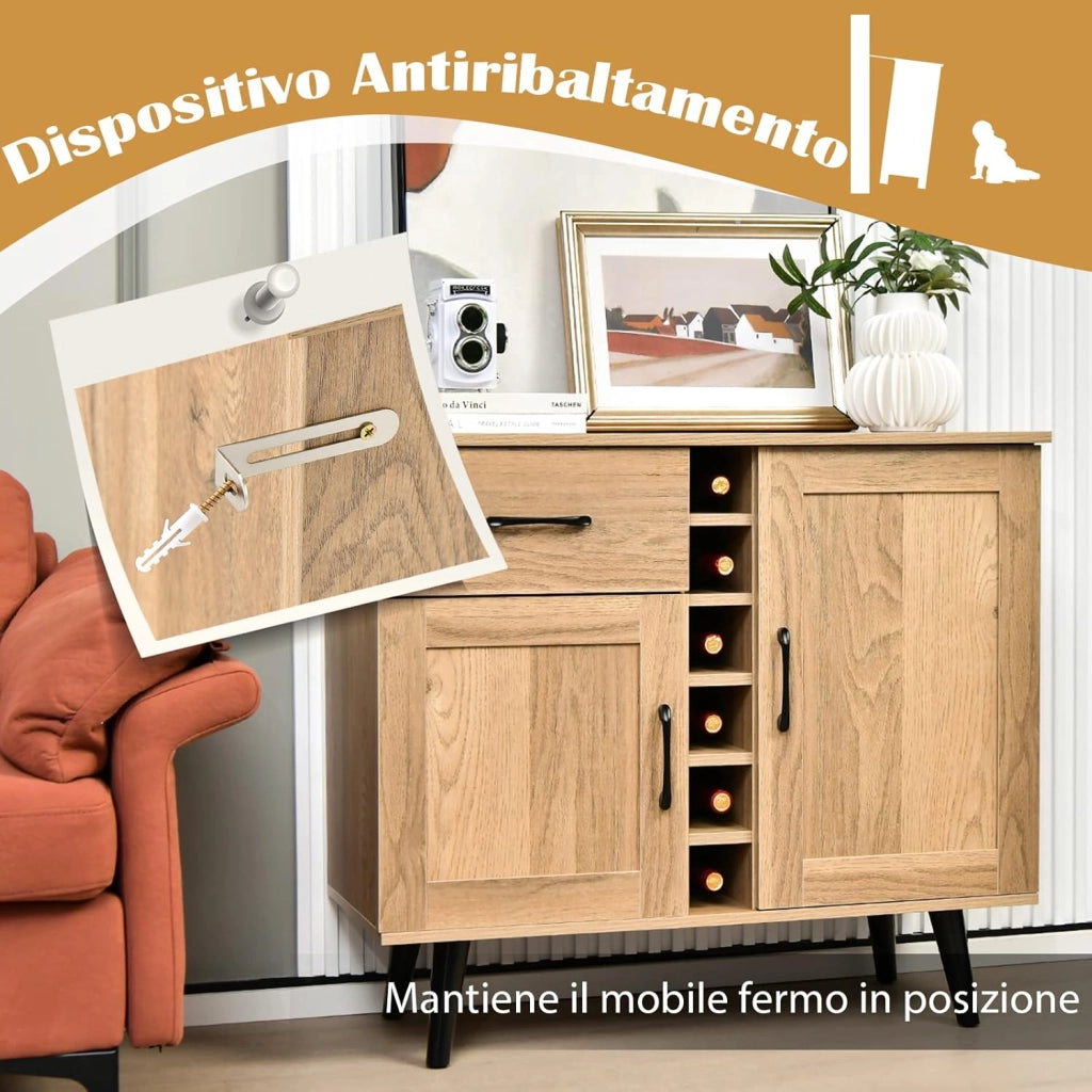 Credenza Buffet Mid Century, Cantinetta Porta bottiglie da 6 Vini, con Cassetto Estraibile e Ripiani Regolabili, Mobile Bar da Cucina e Soggiorno, 90 x 40 x 79 cm, Naturale