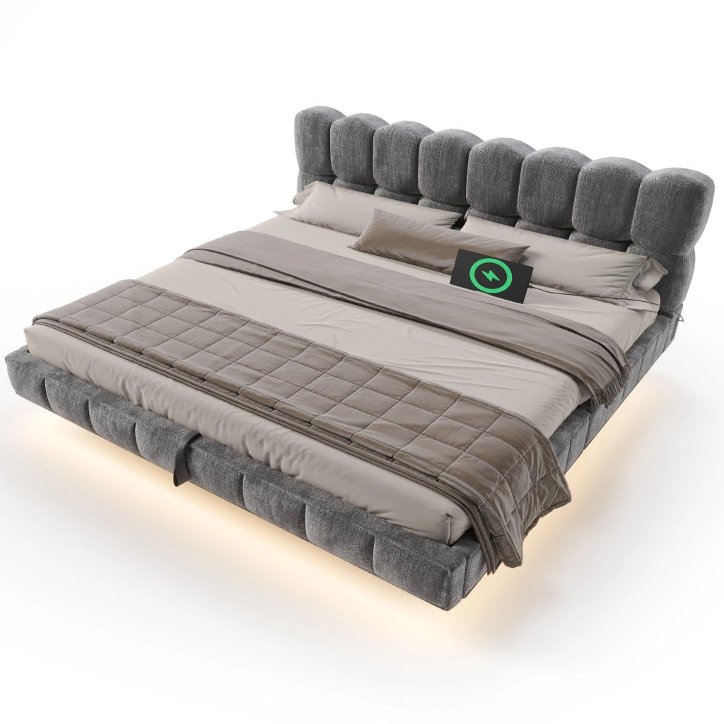 Letto imbottito 180x200 cm con contenitore idraulico e LED in ciniglia grigio