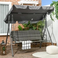 Dondolo da Giardino 3 Posti con Tettuccio Regolabile in Rattan PE, 167x112x153cm, Grigio Scuro