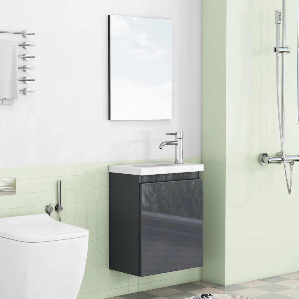 Mobile bagno con lavabo in ceramica e specchio; sospeso; senza maniglie con chiusura ammortizzata; in MDF; grigio