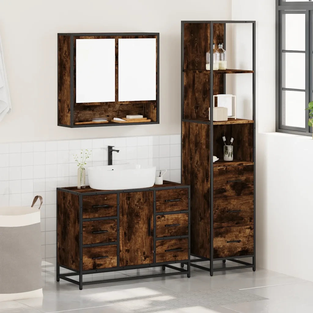 vidaXL Set Mobili da Bagno 3 pz Rovere Fumo in Legno Multistrato