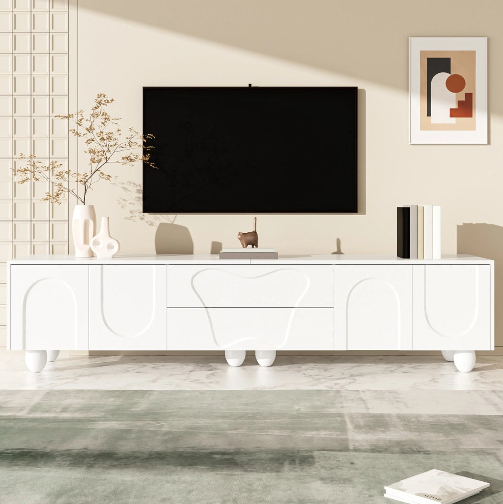 Mobile TV bianco 180 cm con gambe in legno e ampio spazio contenitore
