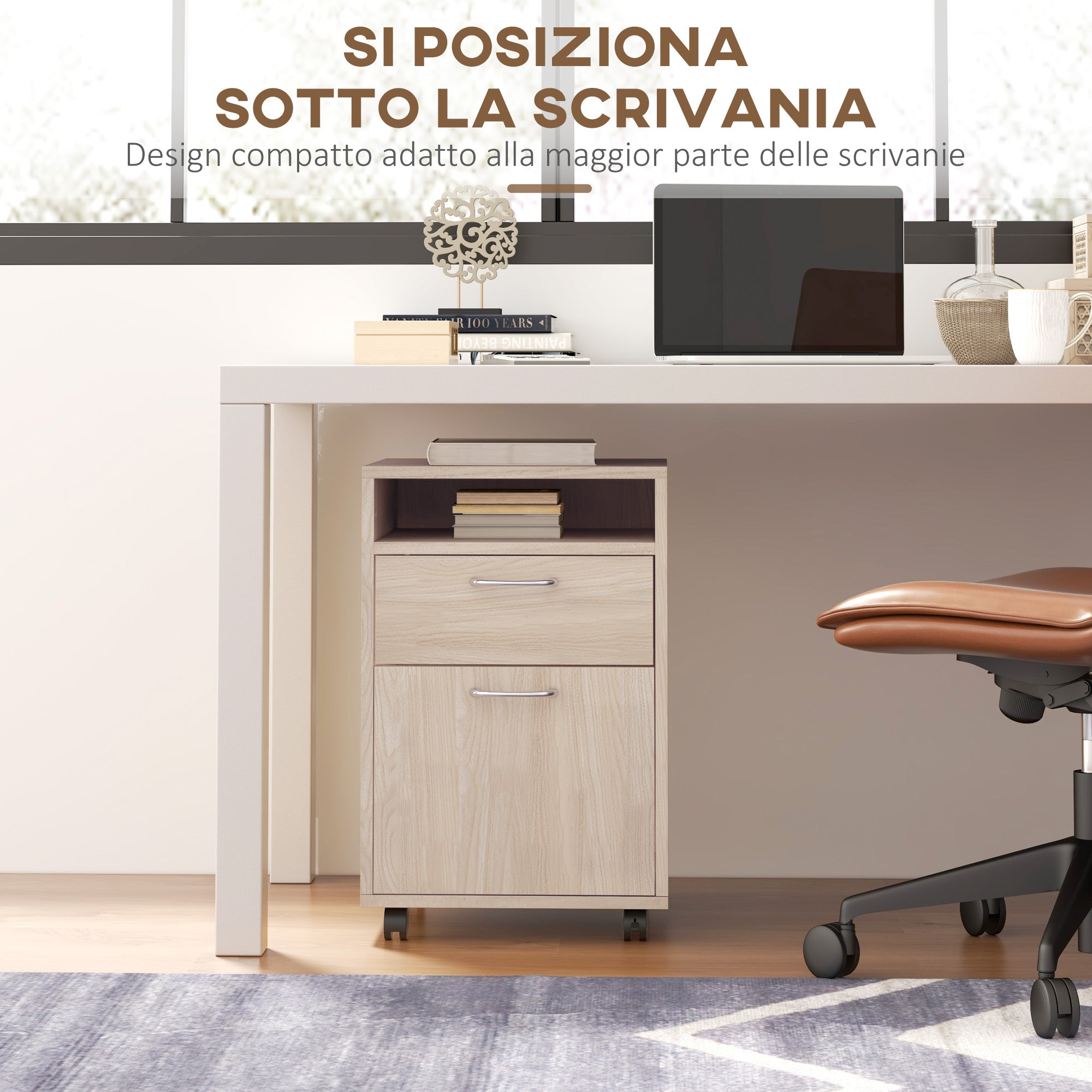 Cassettiera da Ufficio 2 Cassetti e Ripiano Portadocumenti 40x35x60 cm in Legno e Metallo Rovere