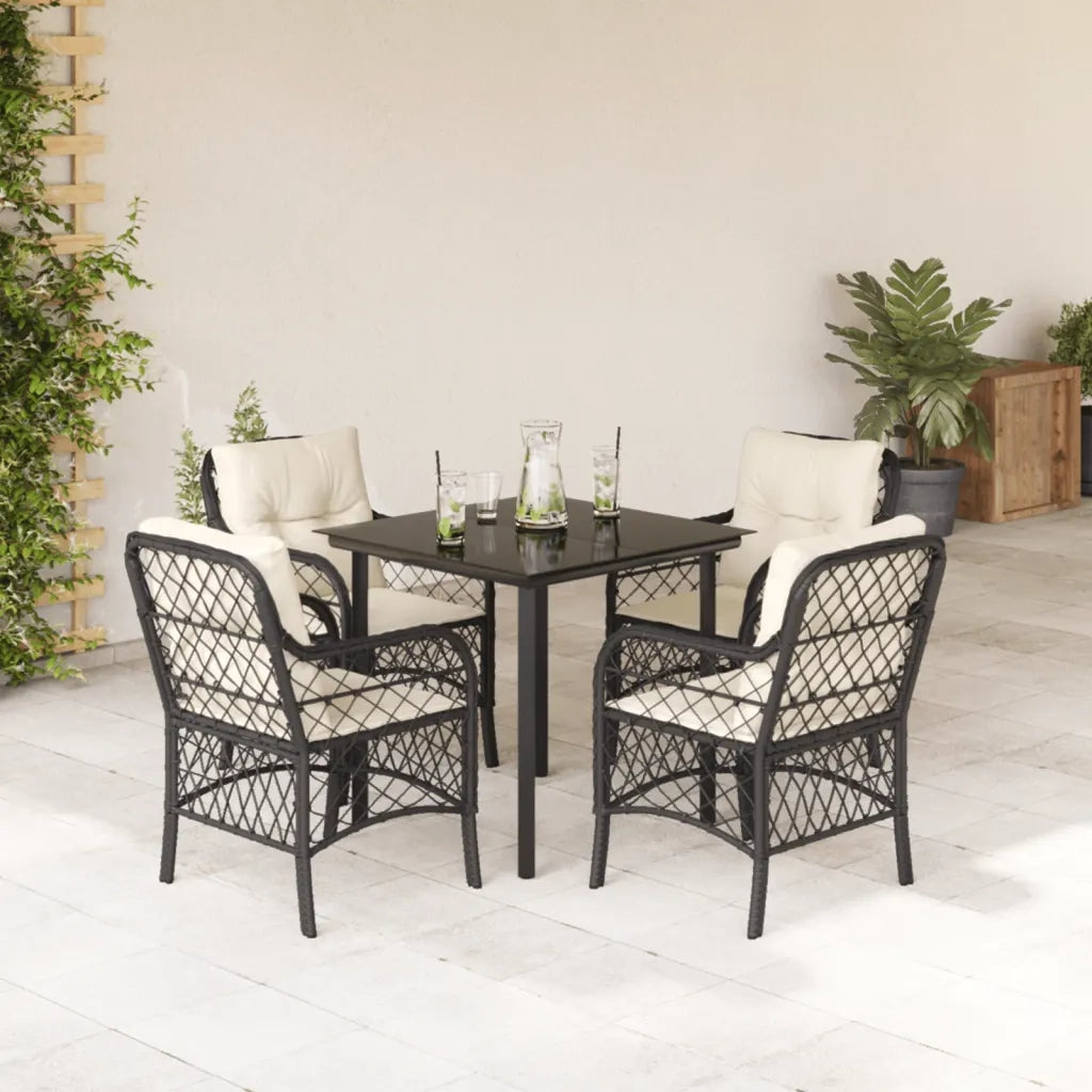 Set da Pranzo da Giardino 5 pz Nero con Cuscini in Polyrattan