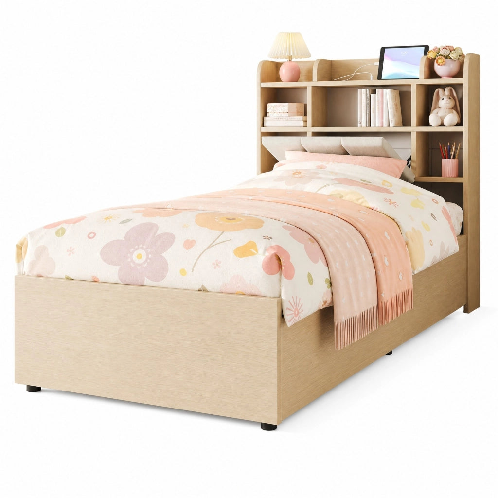 Letto singolo 90x200 cm con sollevamento idraulico; testiera con vani portaoggetti e prese USB Type-C; effetto legno naturale