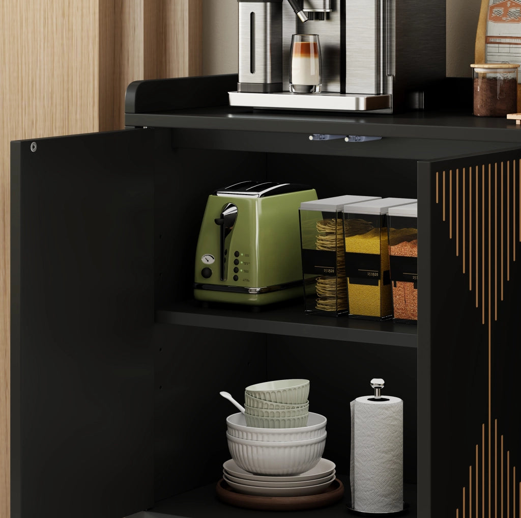 Credenza con 4 ante; ripiani regolabili e vano aperto; MDF; nera; 140 x 40 x 84 cm