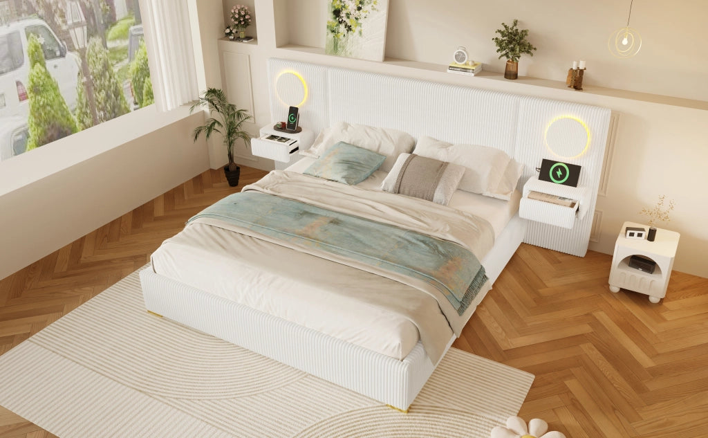 Letto matrimoniale 180x200 imbottito in velluto beige testiera con luci led e comodini laterali