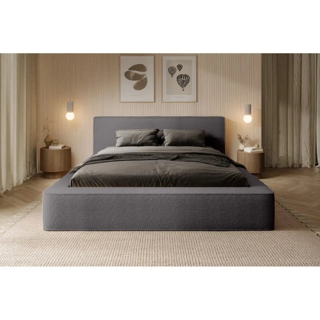 Letto contenitore VELORA – Grigio cenere bouclé – 140x200 cm – Tessuto velluto morbido – Rete sollevabile – Contenitore integrato