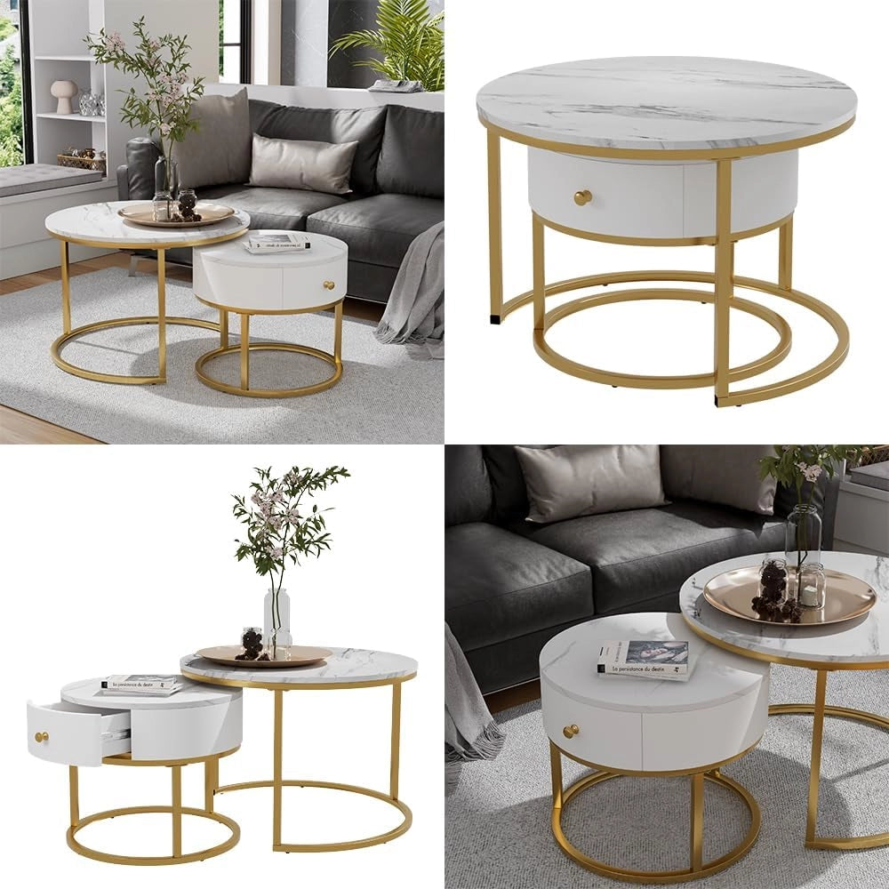 Set di tavolini Madrid, Marmo bianco, 70 x 70 cm, tavolino con cassetto, utilizzabile come tavolino d'appoggio per spazio aggiuntivo
