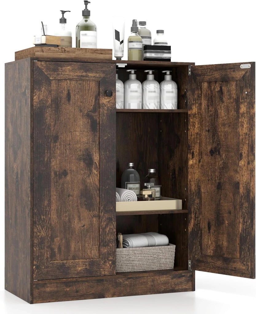 Mobile Bagno da Terra, Armadietto da Bagno in Legno con con 2 Ante e 3 Ripiani Regolabili, Credenza Indipendente per Soggiorno, Sala da Pranzo e Cucina, 60 x 30 x 80 cm