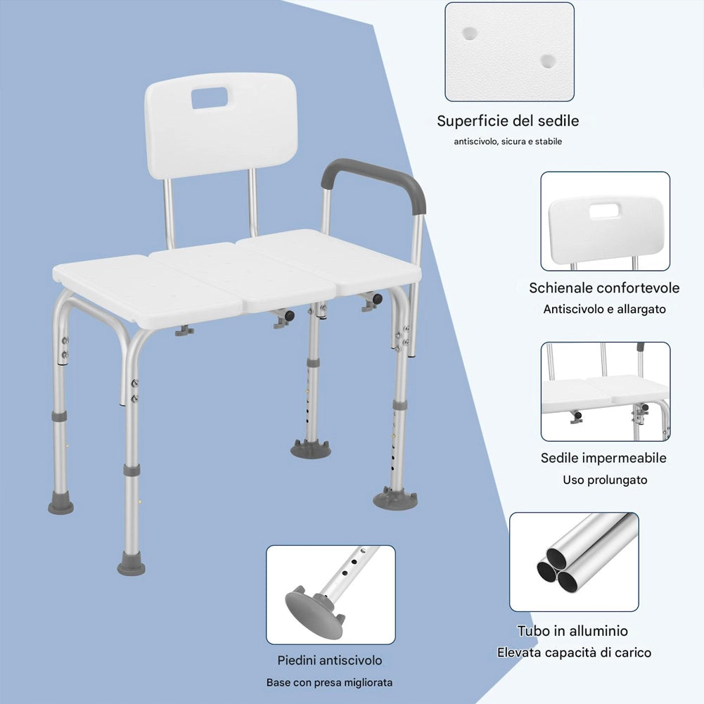 Sgabello Doccia 76x45x9,5 cm per Anziani a Mobilità Ridotta in Alluminio Bianco