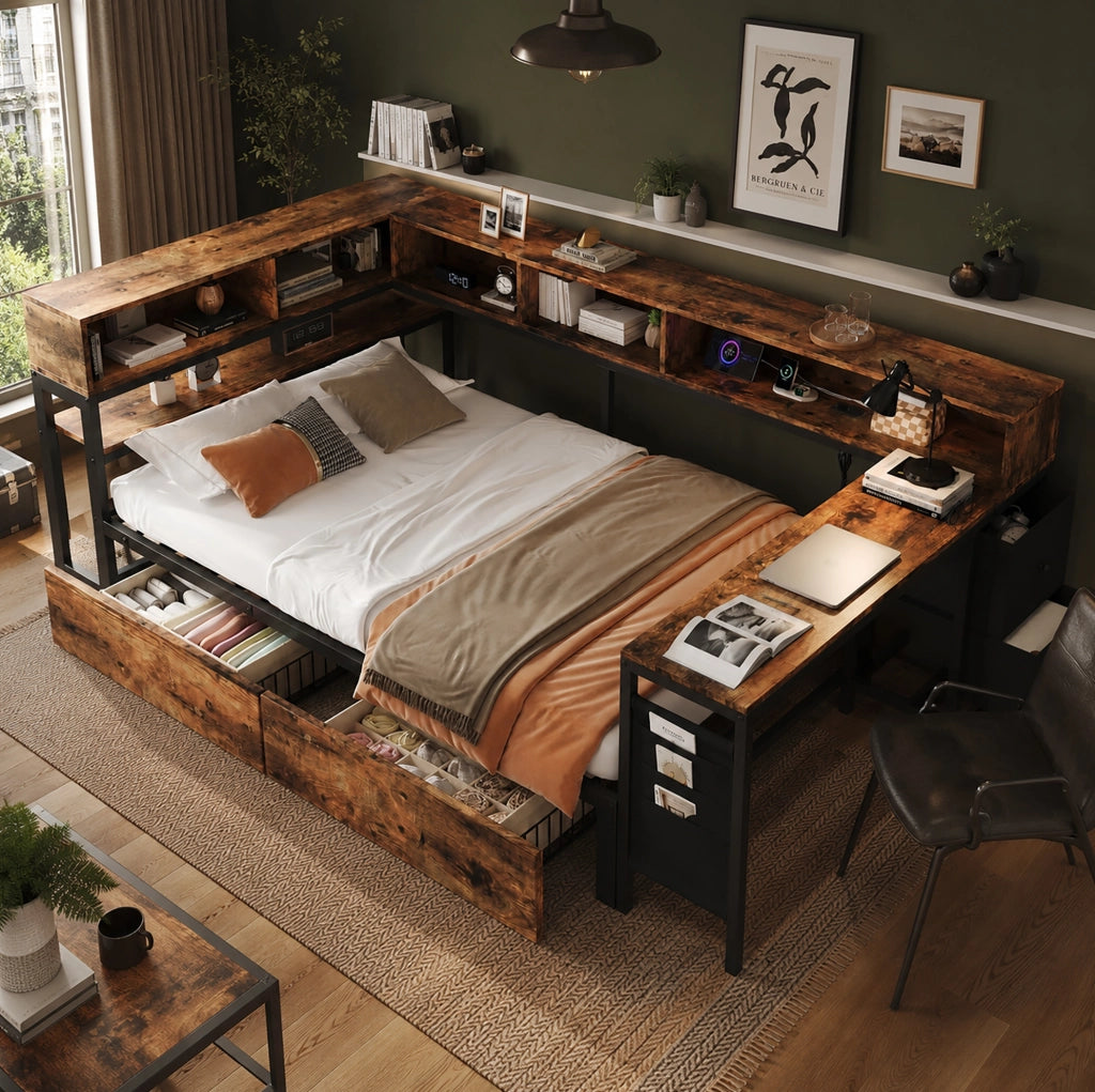 LETTO Singolo 120x200 cm Metallo e Legno Nero/Naturale con 2 Cassetti