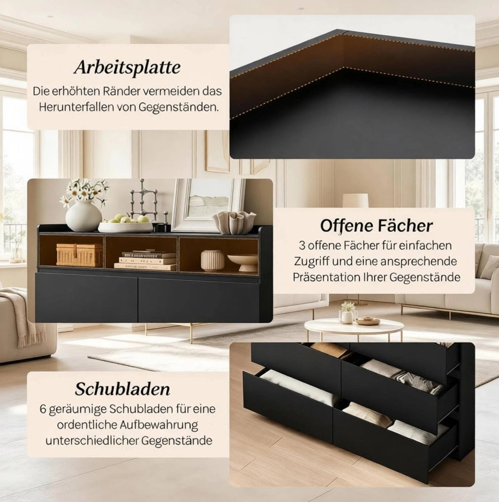 Cassettiera 4 livelli con 6 cassetti e 3 vani aperti 120x40x100 cm nera
