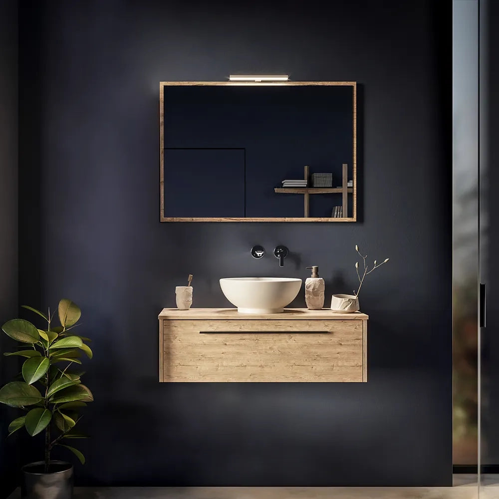 Mobile bagno sospeso 100cm rovere naturale un cassetto soft-close con top e specchio | Aoki