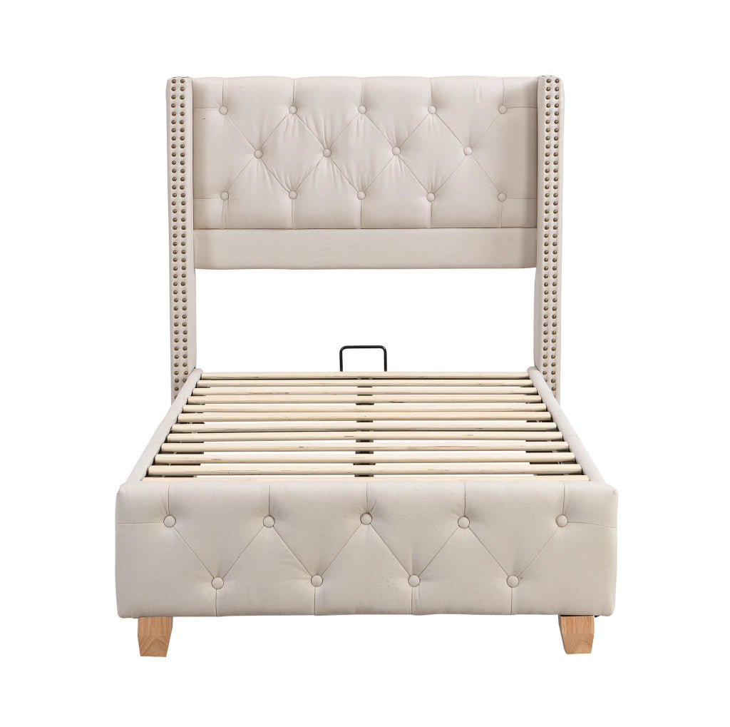 Letto imbottito 90x200 cm; testiera trapuntata e piedi rinforzati; lino beige (Senza materasso)