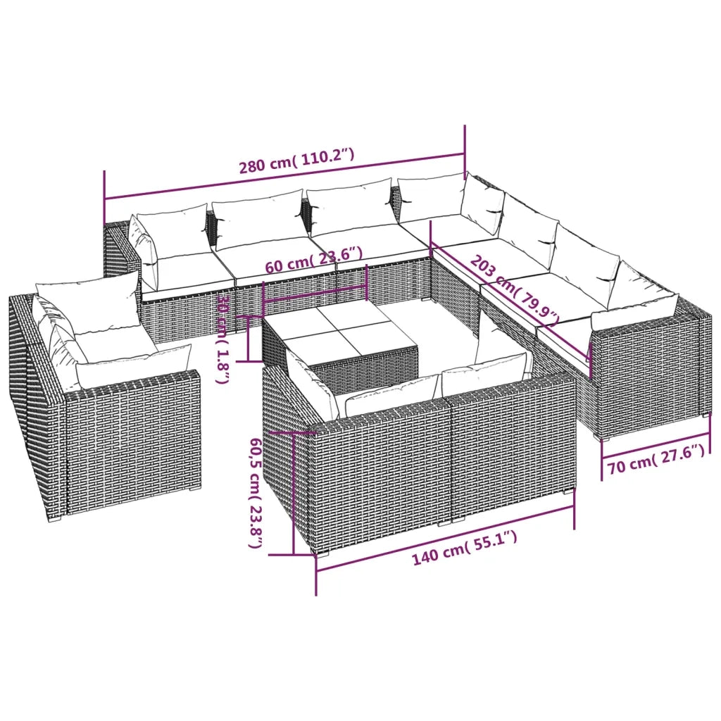 Set Divani da Giardino 12 pz con Cuscini in Polyrattan Marrone cod mxl 35175