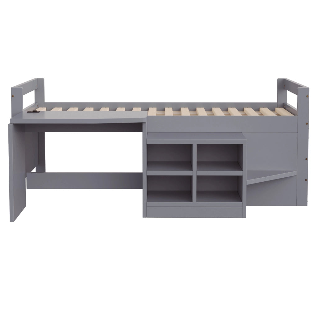 LETTO Multifunzione 90x200 cm Grigio in legno con scrivania, vani contenitori e prese