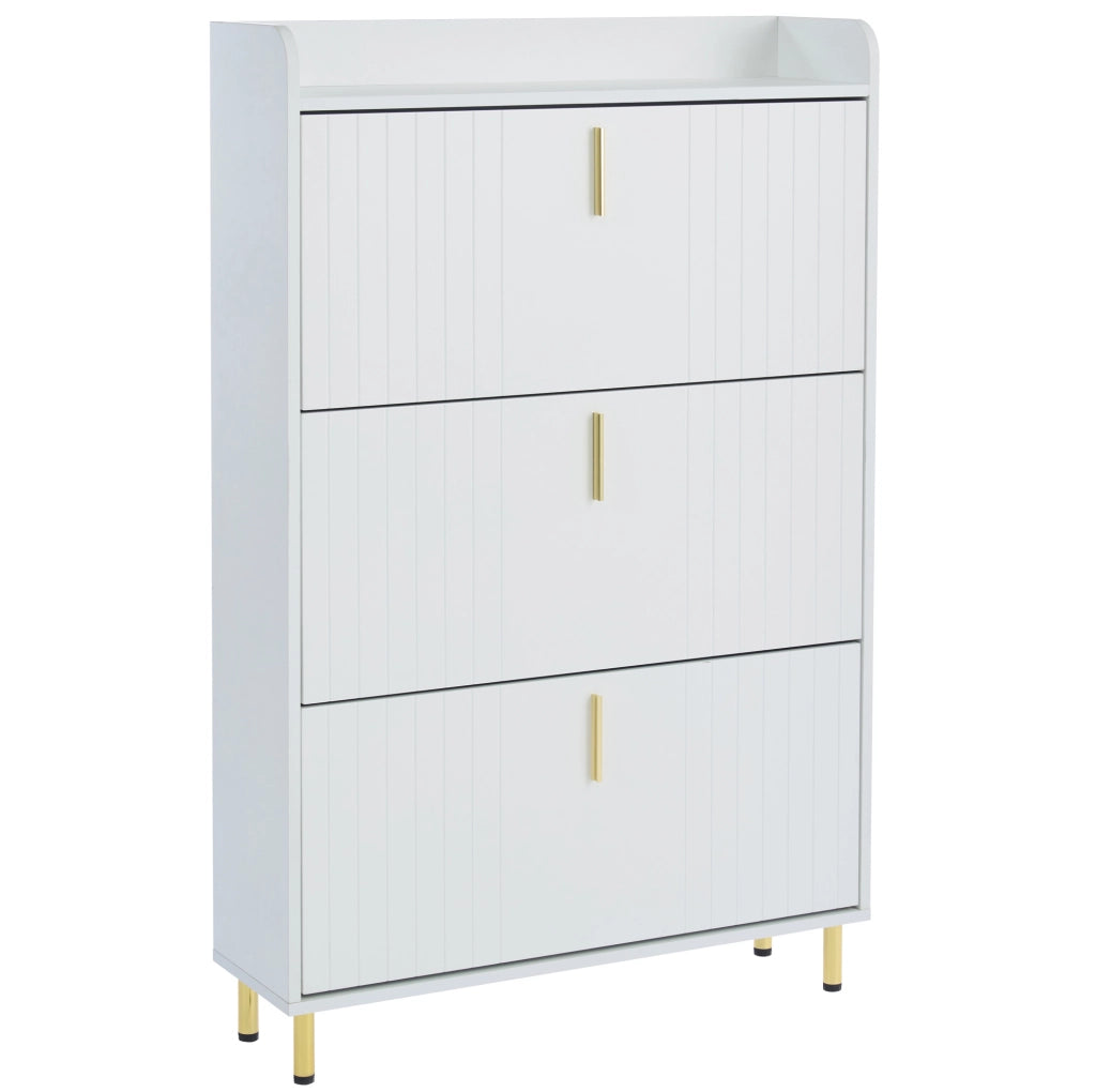 Mobile portascarpe a 3 ribalte 80x23x123;5 cm in MDF bianco con dettagli dorati