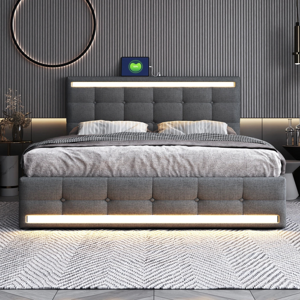 OKWISH Letto con Cassetti 140×200 cm, Letto Matrimoniale con 4 Cassetti, USB, LED Regolabile e Sync Musica, senza Materasso, Grigio