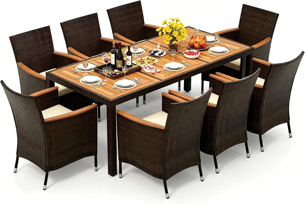 Set da Giardino Esterno 9 Pezzi, Tavolo e Sedie da Giardino in PE Rattan con Foro per Ombrellone 5 CM, Salotto da Esterno con Cuscini Morbidi per Terrazza e Patio, Portata 180 KG e 150 KG