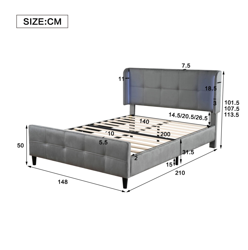 Letto imbottito LED 16 colori in velluto grigio 140x200 cm