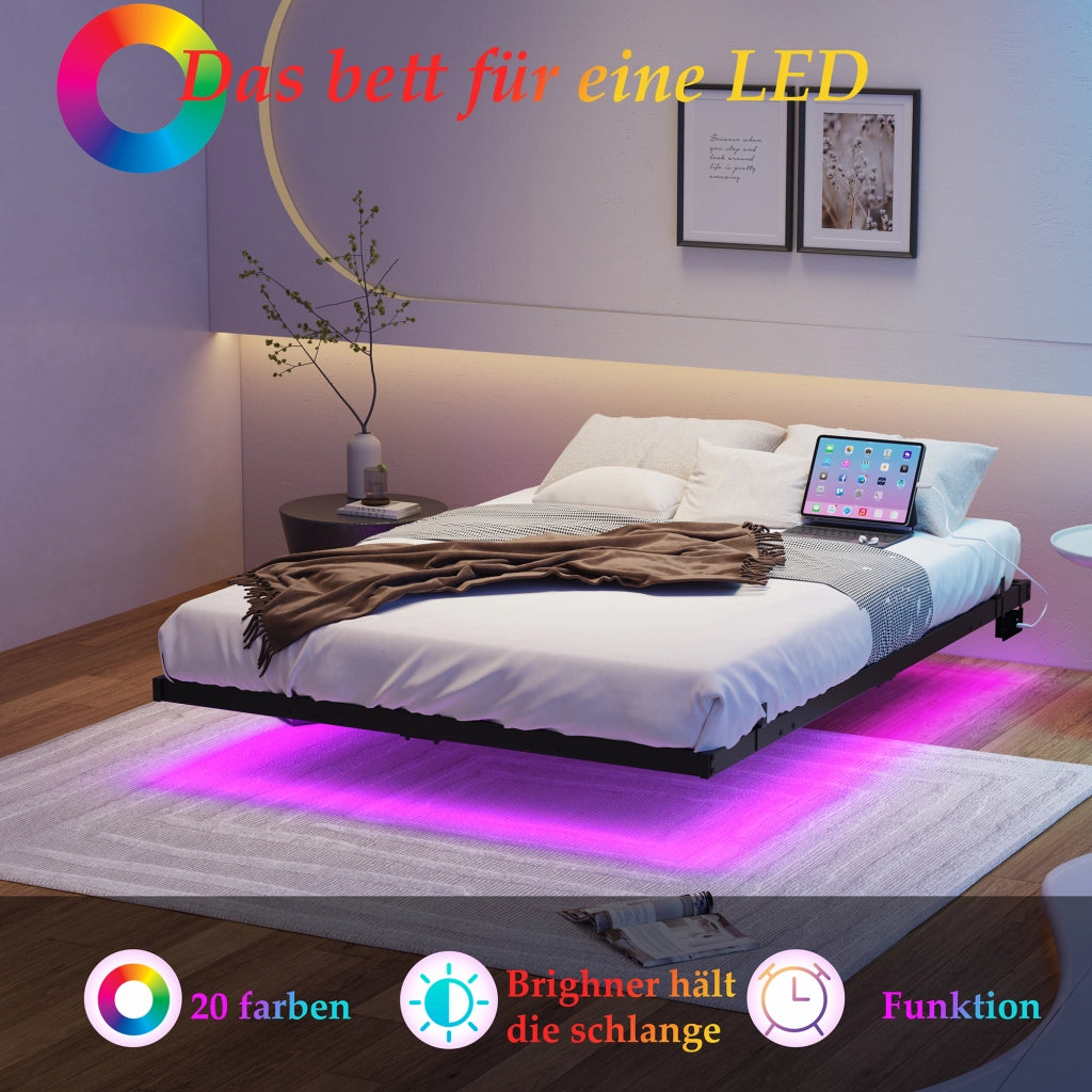 Letto matrimoniale 140 × 200 cm con LED, stazione di ricarica e struttura in metallo, senza materasso, nero