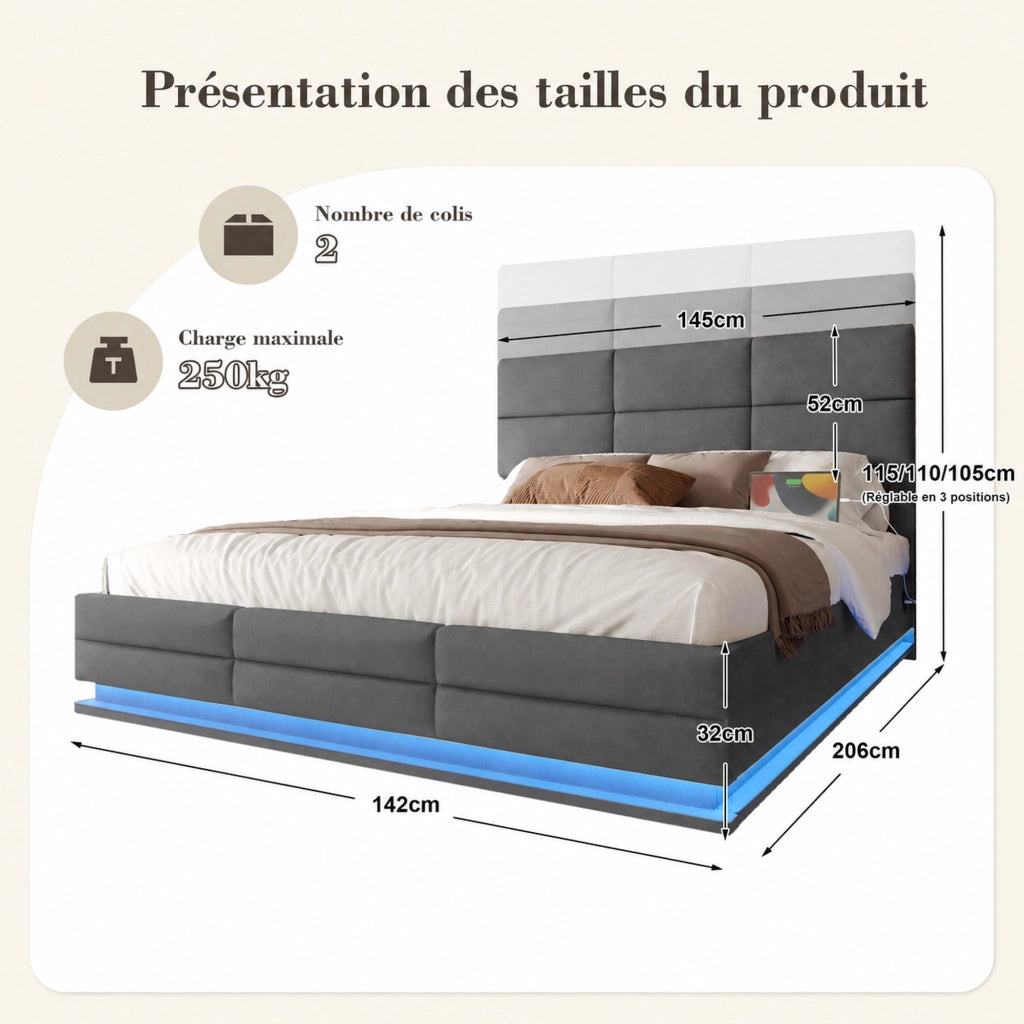 DESMIU Letto contenitore 140 × 200 cm 2 posti con LED regolabile, porte USB e Type-C, senza materasso, grigio scuro