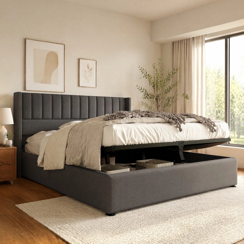 Letto matrimoniale imbottito contenitore con sollevamento idraulico 160x200 cm, grigio/beige