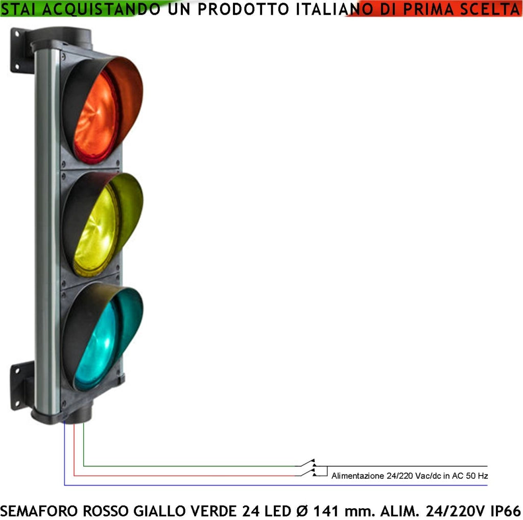 Semaforo 3 Luci da 24 Led Rossi 24 Gialli e 24 Verdi x Scheda Alim. 24/220 Vac 5 W Omologato Securvai Corpo in Profilato di Alluminio IP66 Diametro luce 141 mm Fissaggio a Parete Orientabile 360° Regola Transito Veicoli