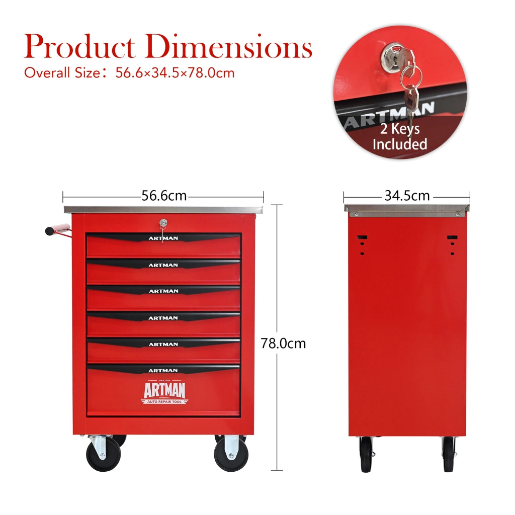 Carrello portautensili con 6 cassetti e ruote, chiudibile, in acciaio, per garage e officina, rosso nero, 62,5 × 34,5 × 78 cm