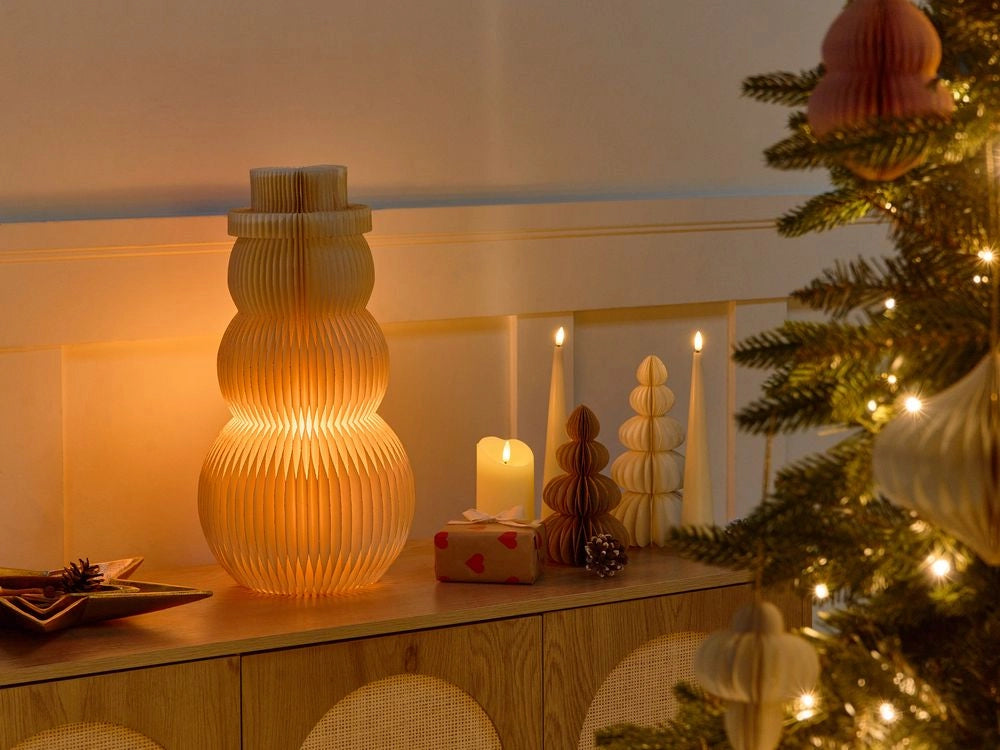 Figurina pupazzo di neve LED Beige Carta a nido d'ape Effetto 3D con luce Stile origami Motivo festivo