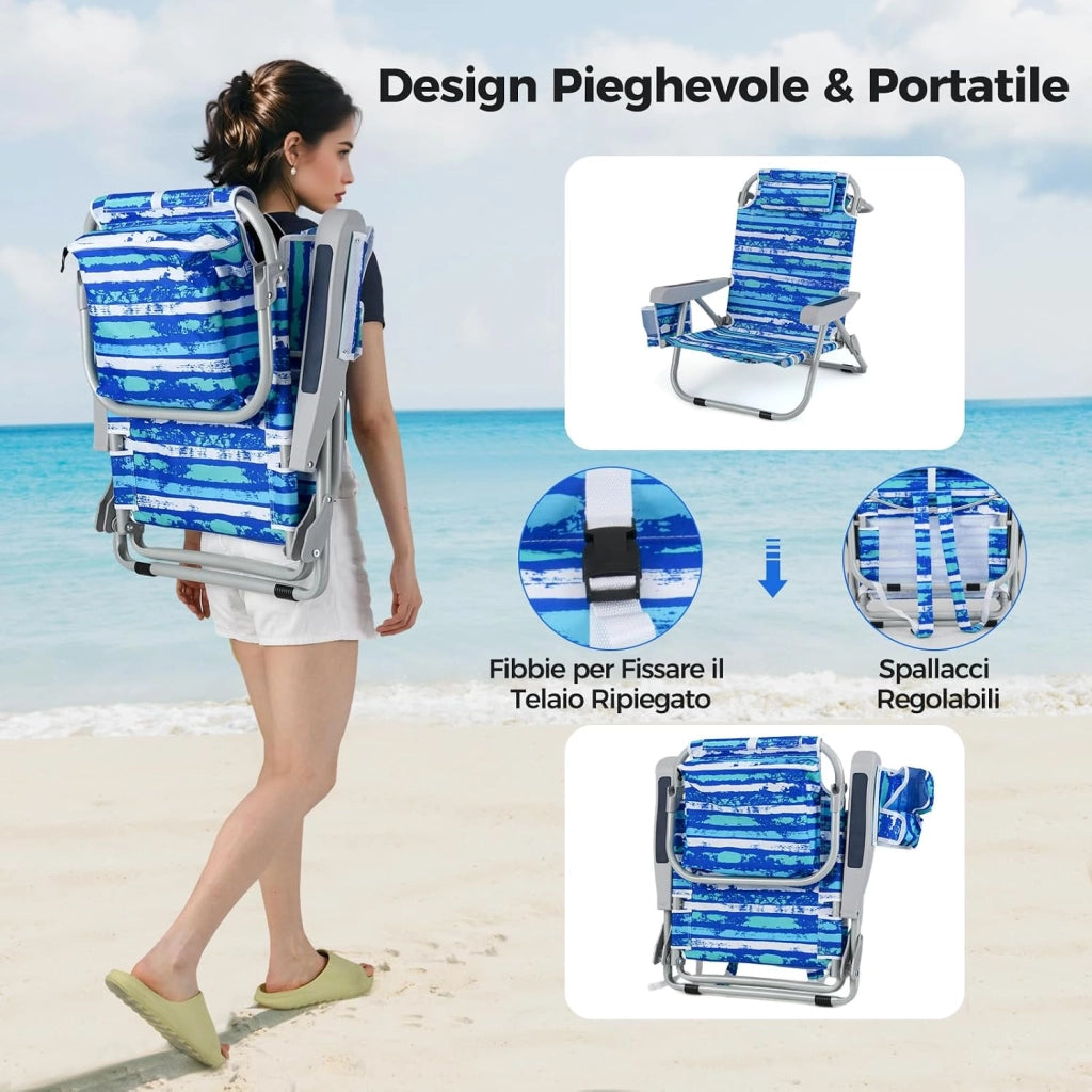 Sedia da Spiaggia, Sdraio Pieghevole a 5 Posizioni con Portabicchieri, Poltrona da Spiaggia con Cuscino per Testa e Zaino, Sedia da Campeggio Portatile, Portata 150 kg (Blu Scuro,2)