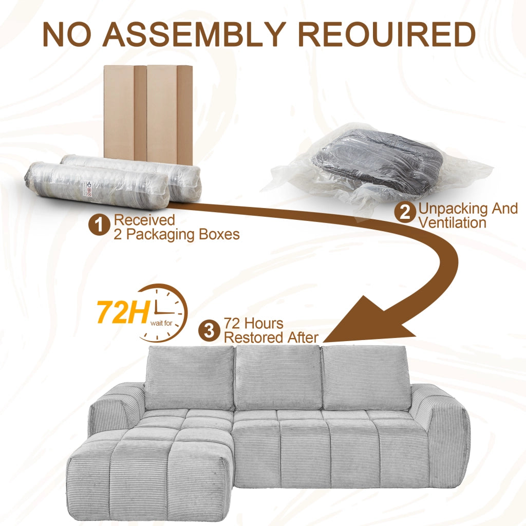 Divano angolare modulare con design capitonné e forma flessibile, senza montaggio, in velluto a coste beige