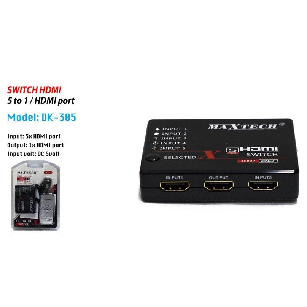 Trade Shop - Switch Hdmi 3d 1.3 5 Ingressi 1080p Con Telecomando Per Tv Ps3 Xbox Maxtech Dk-305 -