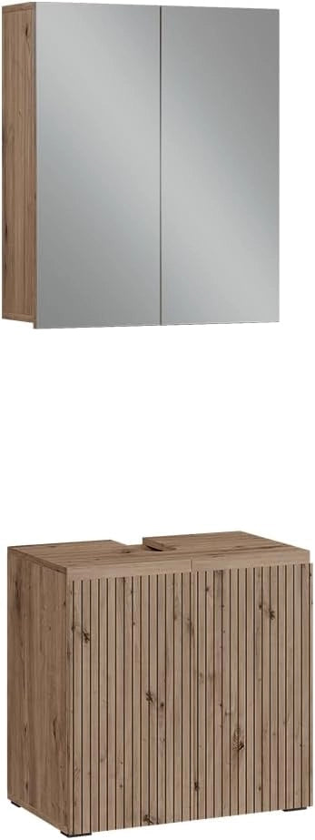 Set di mobili da bagno 3 pezzi Takumi, Artigiano, 60 cm, composto da mobile sottolavabo, specchiera e mobile medio