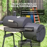 Barbecue a Carbone con Coperchio e Affumicatore, BBQ da Giardino con Ripiani e Ruote 124x53x104 cm, Nero