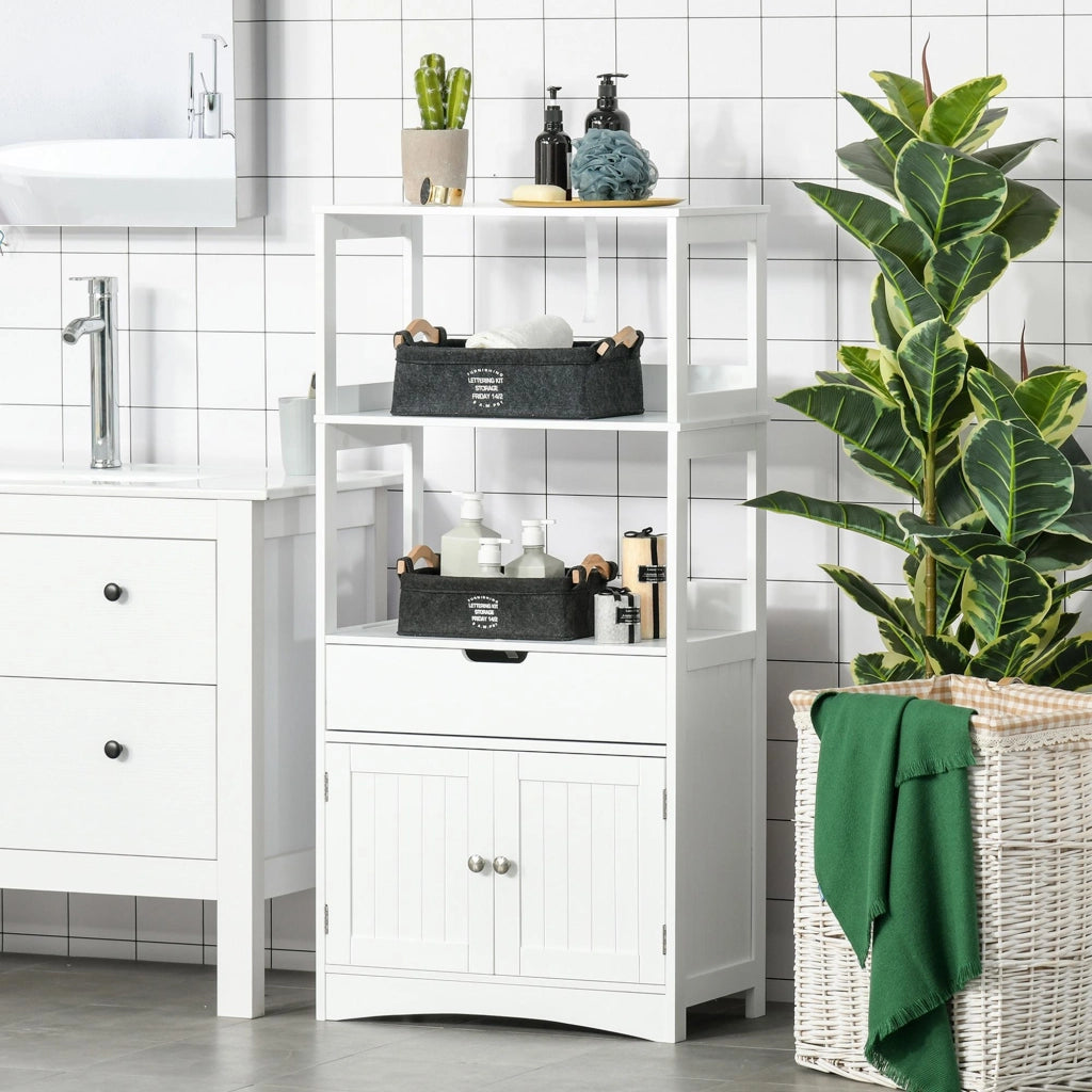 Mobiletto da Bagno con Mensole 2 Ante 1 Cassetto 60x33x122,5 cm in Legno Bianco