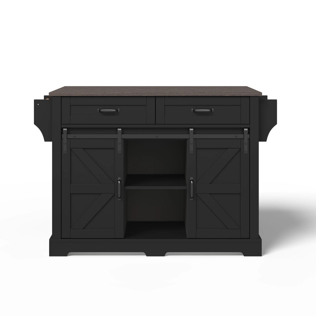Isola cucina in MDF nero con piano ribaltabile, 2 ante scorrevoli, 2 cassetti e ruote