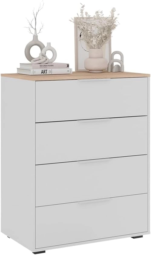 Credenza Betti, Bianco/Sonoma, 30 x 83.6 cm con 4x cassetti, adatto per la conservazione e l'integrazione di arredi esistenti