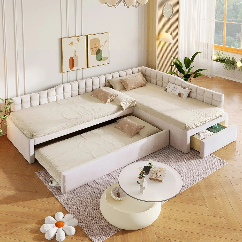 Letto imbottito a L con letto estraibile cassetti velluto beige ¨C Minimal ¨C 90x200 cm